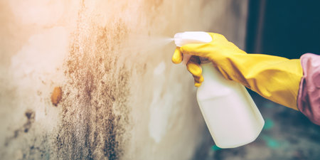 Hand in yellow rubber glove spraying cleaning solution from white bottle onto wall covered in black mold and mildew, tackling damp stains and fungal growth for home disinfectionの素材