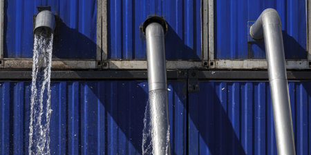 Fresh water gushing and splashing from three metal pipes attached to a ribbed blue industrial shipping container wall, showcasing efficient liquid transport and drainage systemsの素材