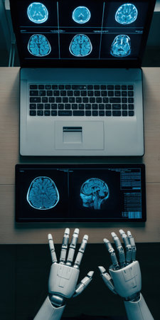Robotic hands examine brain mri images on laptop and tablet, depicting ai and machine learning aiding neurological diagnostics, medical imaging analysis, and healthcare innovationの素材