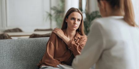 Young woman feeling distressed and overwhelmed expressing her feelings to a mental health professional, discussing her problems during a psychotherapy consultationの素材