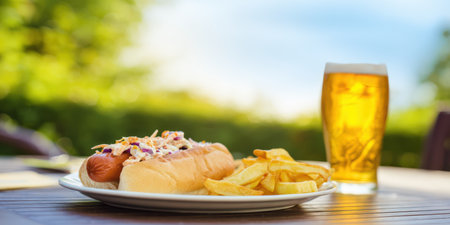 Hot dog on a bun with creamy coleslaw and a side of golden french fries, served outdoors on a wooden table with a refreshing glass of beer in bright daylightの素材