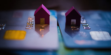 Miniature paper houses with reflections sitting on top of two credit cards, symbolizing home financing, housing loans, and the concept of debt in real estateの素材