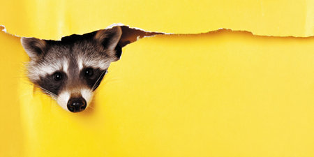 Raccoon head is emerging from a ripped yellow background, creating a playful and curious scene with ample copy space for advertising or conceptual designの素材