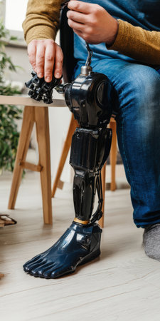 Man with an amputated leg carefully attaching a high-tech prosthetic leg, embodying concepts of advanced technology, rehabilitation, and overcoming disability by integrating futuristic solutionsの素材