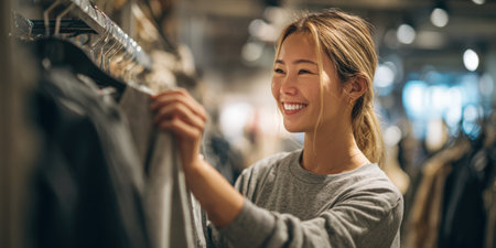 Young asian woman with a radiant smile looking at clothes on hangers in a modern retail store, enjoying the shopping experience and discovering new fashion itemsの素材