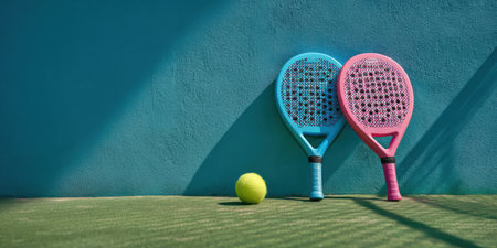 Padel tennis rackets and a yellow ball are standing on a green synthetic court next to a blue wall, casting strong shadows under bright sunlight, representing summer sport and leisure activitiesの素材