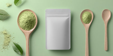 Matcha green tea powder heaped in wooden spoons beside a blank stand-up pouch mockup with scattered tea leaves on a light green background for natural wellness brandingの素材