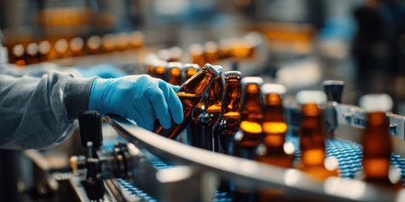 Worker's gloved hand monitoring and adjusting amber beer bottles on a factory conveyor belt, ensuring quality control during the manufacturing and bottling processの素材