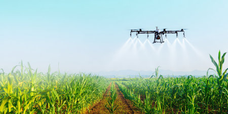 Agriculture drone flying over green corn field, spraying pesticide, herbicide, or fertilizer, symbolizing smart farming technology, precision agriculture, and modern food productionの素材