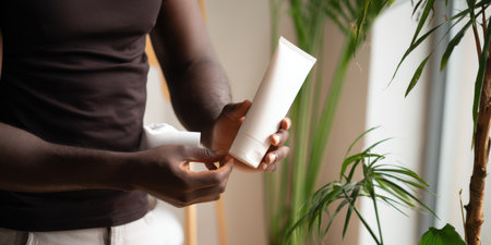 Black man's hands holding a generic white tube of lotion or cream, focusing on male grooming and self-care essentials in a bright, natural setting with plantsの素材