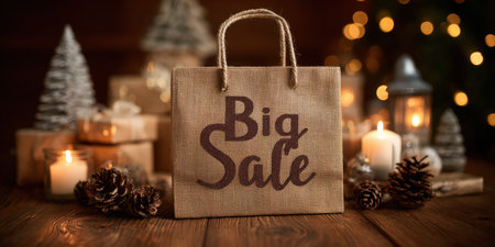 Rustic shopping bag with big sale text standing on a wooden surface with festive christmas decorations, gifts, pinecones, and lit candles, creating a warm holiday market atmosphere for winter dealsの素材