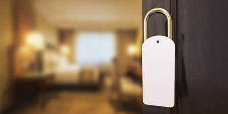 Blank door hanger template for customization, hanging on a hotel room door handle, with bedroom interior blurred in the background, signaling privacy or service needs for guestsの素材