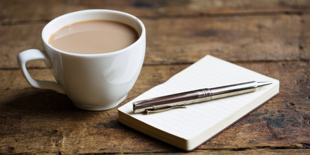 Coffee cup with creamy drink beside an open notebook and pen on a textured rustic wooden table, evoking a cozy writing break, journaling, planning or creative morning momentの素材