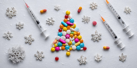 Colorful pharmaceutical pills forming a symbolic christmas tree, surrounded by medical syringes and decorative snowflakes on a sterile white background, representing holiday season health challengesの素材