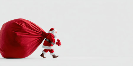 Santa claus walking and pulling a giant heavy red sack full of christmas gifts and presents on a plain white background, preparing for holiday deliveryの素材