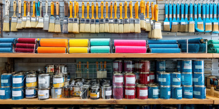 Hardware store aisle featuring various colorful paint rollers, assorted paintbrushes, and stacks of paint cans, offering a wide selection of diy and renovation suppliesの素材