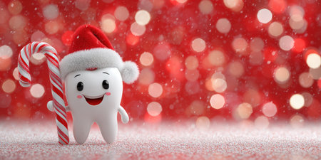 Tooth character wearing a santa hat and holding a candy cane, standing on snow against a red bokeh background with falling snow, representing dental care during the holiday seasonの素材