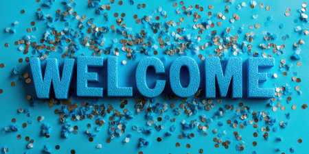 Blue textured letters spelling welcome surrounded by scattered gold and blue confetti on a vibrant blue background, conveying a festive greeting or invitation themeの素材