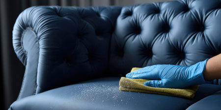 Hand in blue rubber glove wiping dust from a classic tufted leather sofa with a yellow microfiber cloth, performing domestic cleaning chores and maintaining furniture hygieneの素材