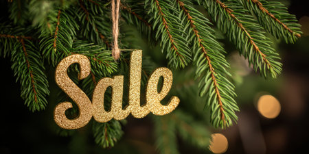 Golden glitter sale text ornament hanging on green christmas tree branches, symbolizing holiday shopping, discounts, and festive promotions during the winter seasonの素材