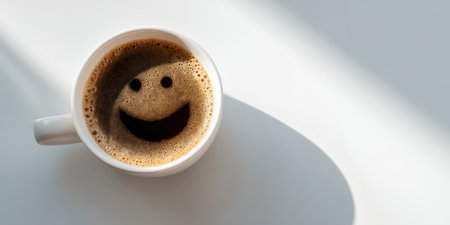 Espresso or americano coffee in a white ceramic mug with foam creating a cheerful smiley face, receiving morning sunlight and casting shadows on a white tableの素材