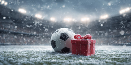 Soccer ball and festive red gift box resting on a snow-covered football field, celebrating winter holidays, sports events, and presents under stadium lightsの素材