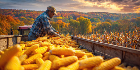Farmer gathering abundant corn cobs into a trailer, a tractor in the background, with a vibrant autumn forest and dramatic sky defining a scene of harvest and agricultural bountyの素材
