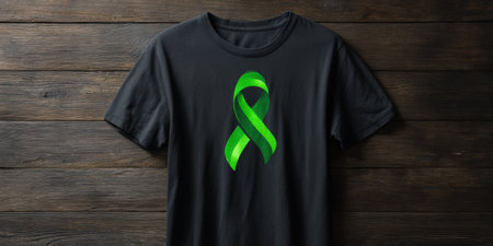 Black t-shirt laying flat on a dark wooden background, showcasing a vibrant green awareness ribbon, symbolizing mental health support, advocacy, and solidarity for people coping with illnessの素材