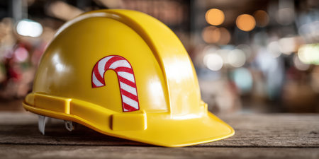 Yellow hard hat with red-and-white candy cane decal resting on rustic wood, bokeh lights in background conveying holiday spirit and safety on a construction siteの素材