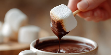 Hand dipping a lightly roasted marshmallow on a wooden stick into a thick, melted chocolate sauce, creating a delightful sweet treat and indulgent dessert experienceの素材