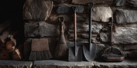 Fireplace tools, including a brush, whisk broom, shovel, and coal pan, resting on a stone hearth against a rugged rock wall, providing a warm, rustic home atmosphere with stacked firewood nearbyの素材