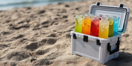Cooler filled with a vibrant assortment of refreshing iced beverages and fruit slices. Chilling on the warm sand with the ocean sparkling in the background. Symbolizing summer refreshment and vacationの素材