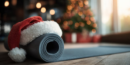 Rolled yoga mat with a santa hat on a wooden floor in front of a blurred christmas tree and festive lights, symbolizing holiday health and wellbeing routinesの素材