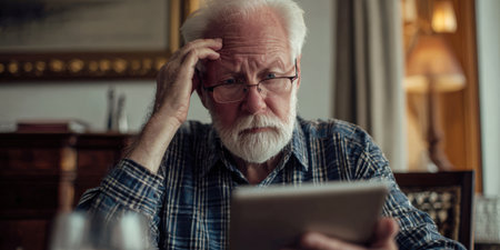 Senior man with white hair and glasses looks frustrated and confused while learning to use a digital tablet at home, touching his head in concentration and worryの素材