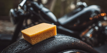 Yellow sponge resting on a wet black leather motorcycle seat with water drops, conveying vehicle cleaning, maintenance and protective careの素材