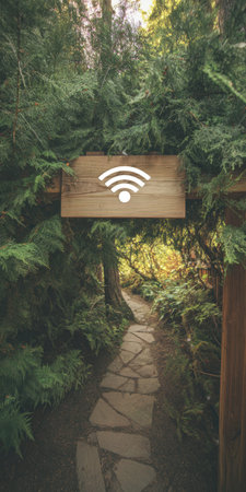 Forest trail through lush green trees with a wooden sign showing a wi-fi symbol, merging nature and digital connection for remote work, unplugging, mindfulness and escapeの素材