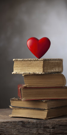 Red heart balancing on a stack of aged, vintage books, illustrating the concept of love for reading, knowledge, and education on a rustic wooden surfaceの素材