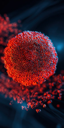 Red cellular structure with a bubbly texture on its surface, replicating microscopic organisms against a dark blue abstract background demonstrating biological processesの素材