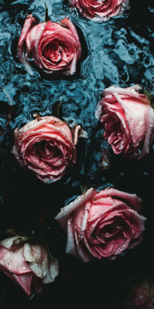 Pink rose blooms, wet with water droplets, floating on a dark, blue-tinted water surface, creating a moody and melancholic atmosphere with signs of decay and fragilityの素材