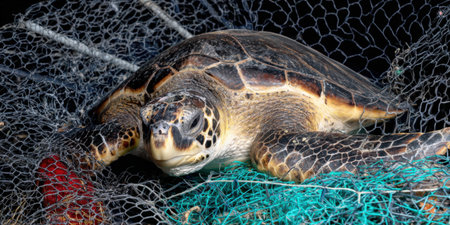 Sea turtle entangled in a ghost fishing net with plastic debris highlighting ocean pollution, marine conservation, and the threat to endangered marine life from human wasteの素材
