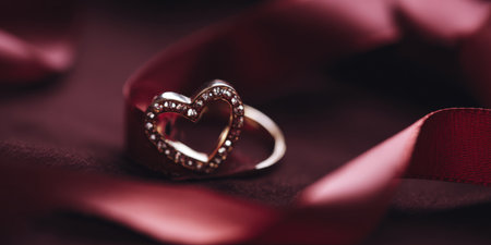 Sparkle diamond heart shaped ring showcasing love and romance, nestled on deep red velvet fabric with a flowing red satin ribbon, representing affection and celebrationの素材
