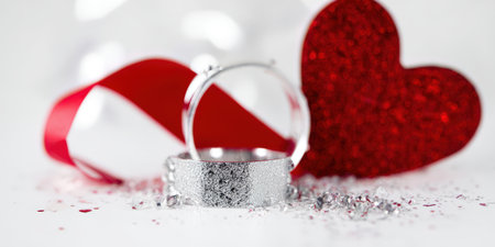 Silver wedding rings standing on glittering confetti and ribbon, symbolising love, commitment, and romance for a wedding, engagement, or valentine's day celebrationの素材