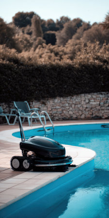 Robotic pool cleaner standing at the edge of a refreshing blue swimming pool, showcasing modern technology for automated maintenance and effortless cleaning task completionの素材
