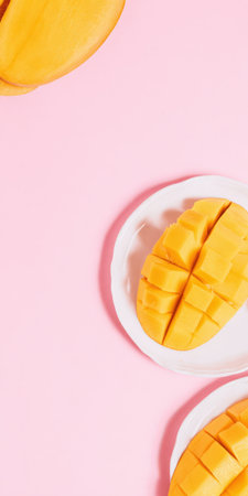 Ripe yellow mango slices arranged on a vibrant pink background, juicy tropical snack evoking fresh, healthy, vegan summer vibesの素材