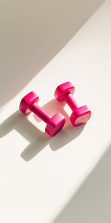 Two pink dumbbells on a bright white surface cast soft shadows, evoking home workouts, fitness motivation and minimalist wellness for training, strength and healthy lifestyle goalsの素材