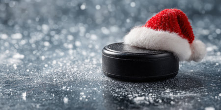 Hockey puck with a festive santa hat resting on a cold, icy surface scattered with snow particles, representing holiday sports and winter celebrationsの素材