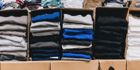 Folded t-shirts and assorted apparel colors in several cardboard boxes showcasing inventory management, retail storage, and product organization in a warehouse or stockroom settingの素材