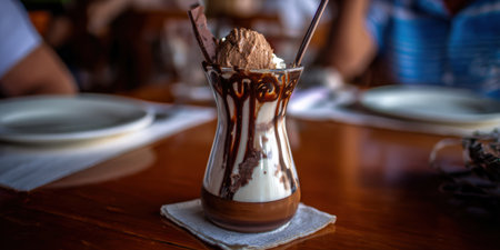 Glass sundae of rich chocolate ice cream topped with whipped cream and drizzling chocolate syrup, resting on a wooden table for a tempting, indulgent dessert momentの素材