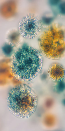 Spiky green and orange microorganisms suspended in liquid, showcasing cellular textures and spherical forms of planktonic and microbial life under scientific magnificationの素材