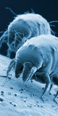 Dust mites appear on a surface under a scanning electron microscope, representing common allergens and contributing to respiratory issues and household hygiene concernsの素材